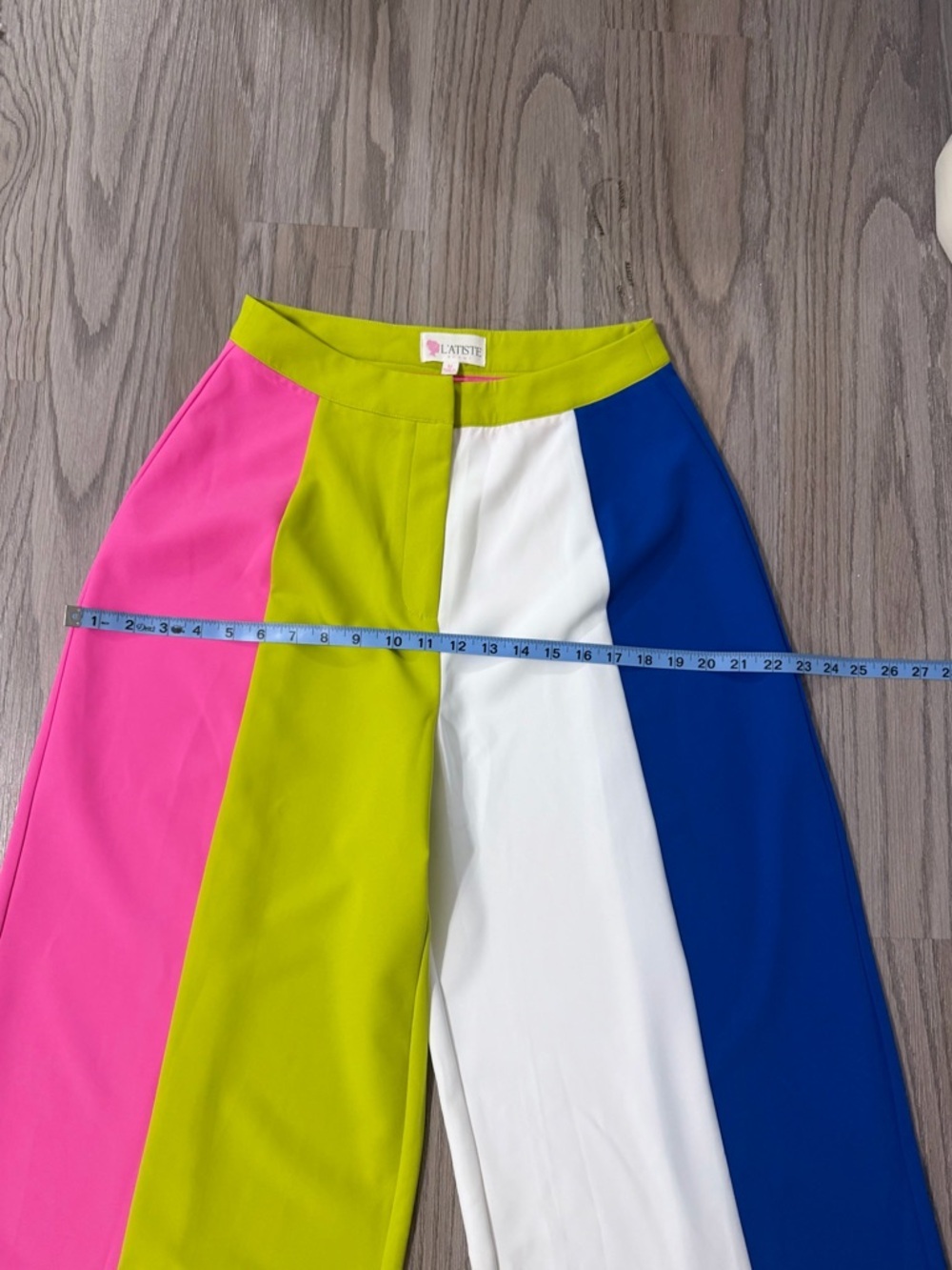 L'ATISTE Lime, Pink, White & Blue Colorblock Wide-Leg Pants - Picture 4 of 9